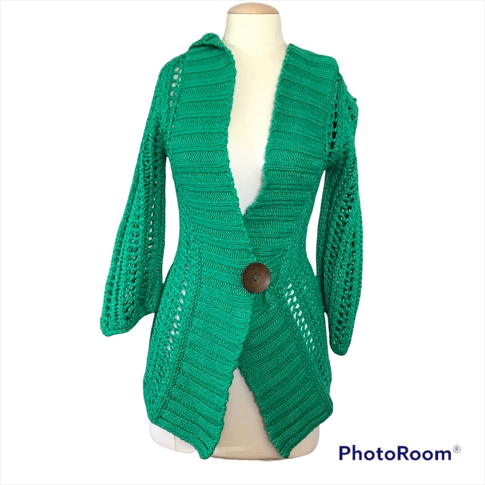 Free People Crochet One Button Hood Cardigan Green Large